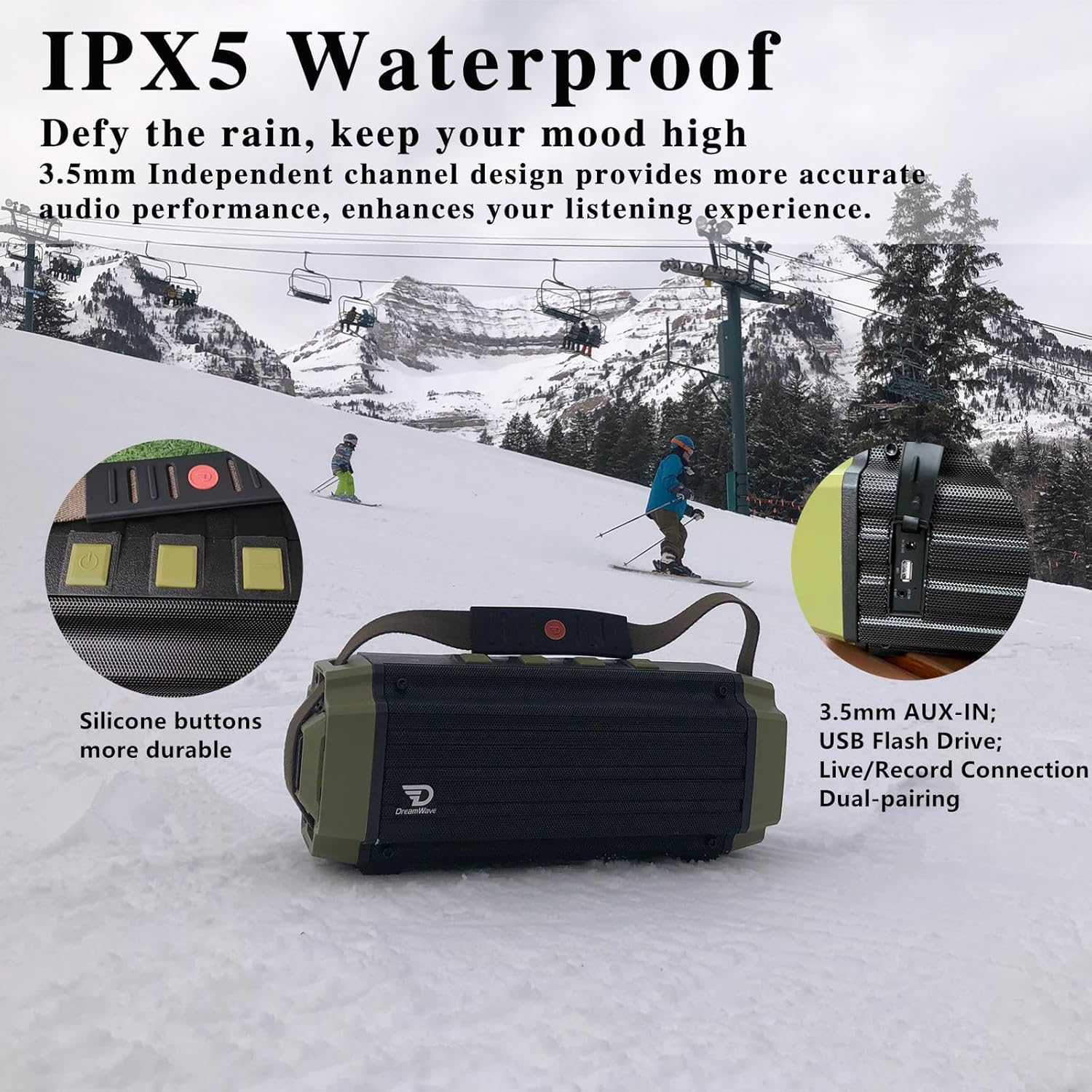 Dreamwave Tremor III Outdoor Bluetooth Speaker, 100W 107dB Loud, HiFi Sound, deep bass, Loud Stereo, IP66 Waterproof and Shockproof, Portable Wireless, Perfect for Camping, Backyard (Army Green)