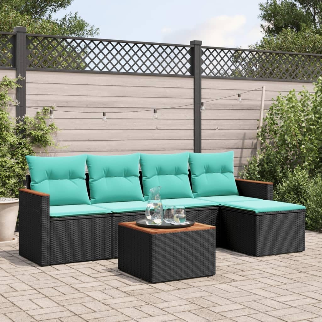 6 Piece Patio Sofa Set with Cushions Black Poly Rattan, Modular Outdoor Furniture with Removable Covers and Storage Function, Durable PE Rattan and Acacia Wood Tabletop
