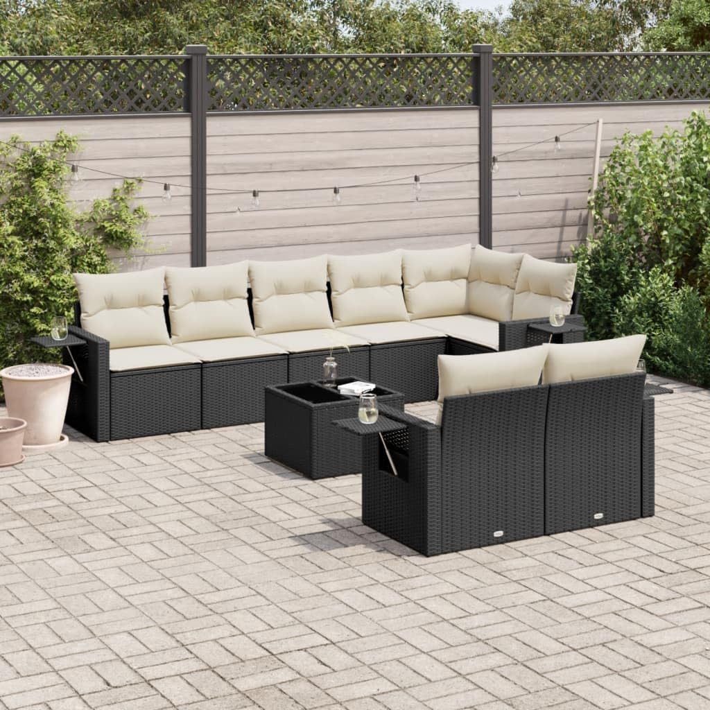 9-Piece Garden Sofa Set Black, Cream White, UV Resistant PE Rattan Outdoor Patio Furniture Sectional for Balcony