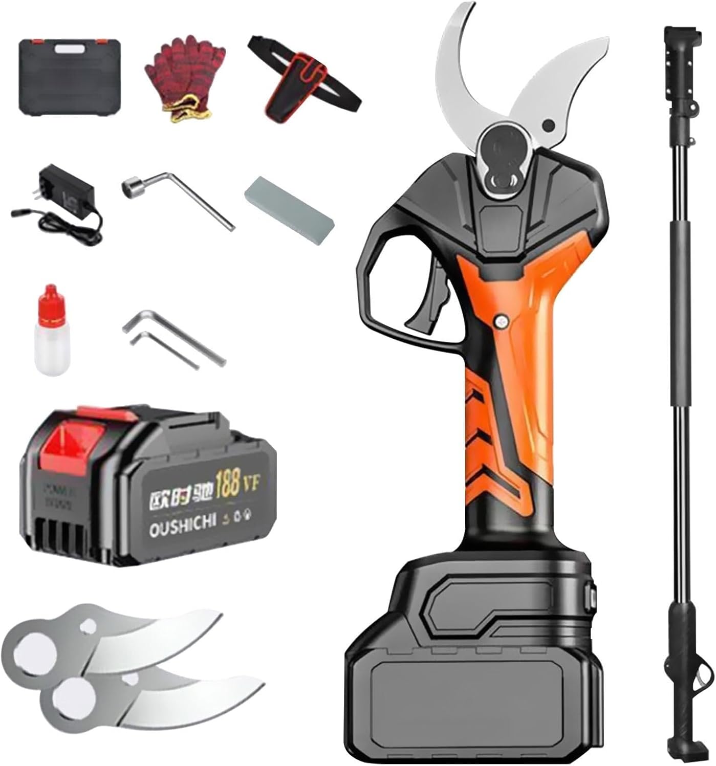 Electric Cordless Pruning Shears, 980W Lithium Brushless with 2.8M Extension Pole, SK5 Blades, 70mm Cutting, 2 Batteries