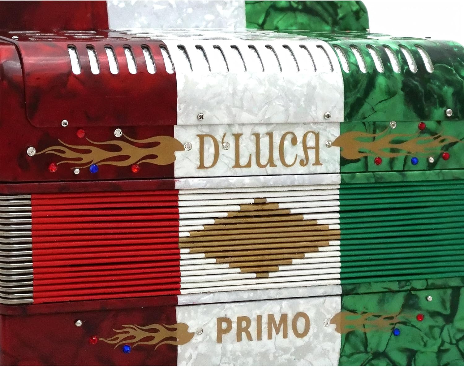 D'Luca Primo Button Accordion 31 Keys 12 Bass on FBE Key with Case and Straps, Red, White, Green