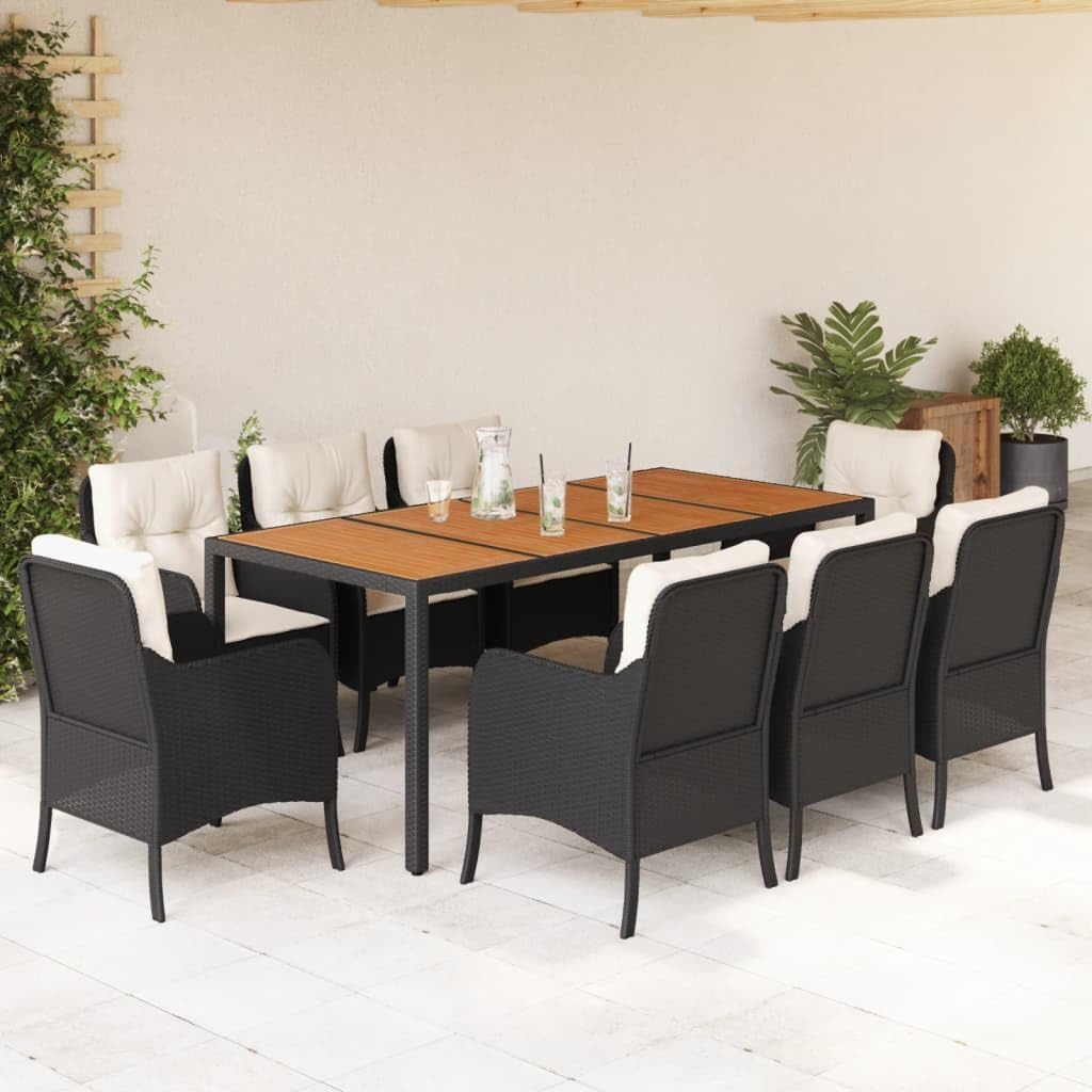 8-Seater Garden Dining Set, Black PE Rattan, Removable Cushions, Rectangular Outdoor Table and Chairs, Patio Furniture Set for Terrace