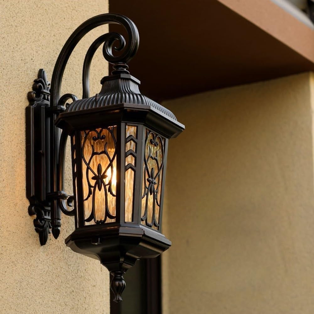 European Style Waterproof Outdoor Wall Light Exterior Waterproof Wall Sconce Light Fixtures,Anti-Rust Black Wall Mount Lighting,E26 Socket Seeded Glass Shade Porch Lights For Front Door,Garage,P