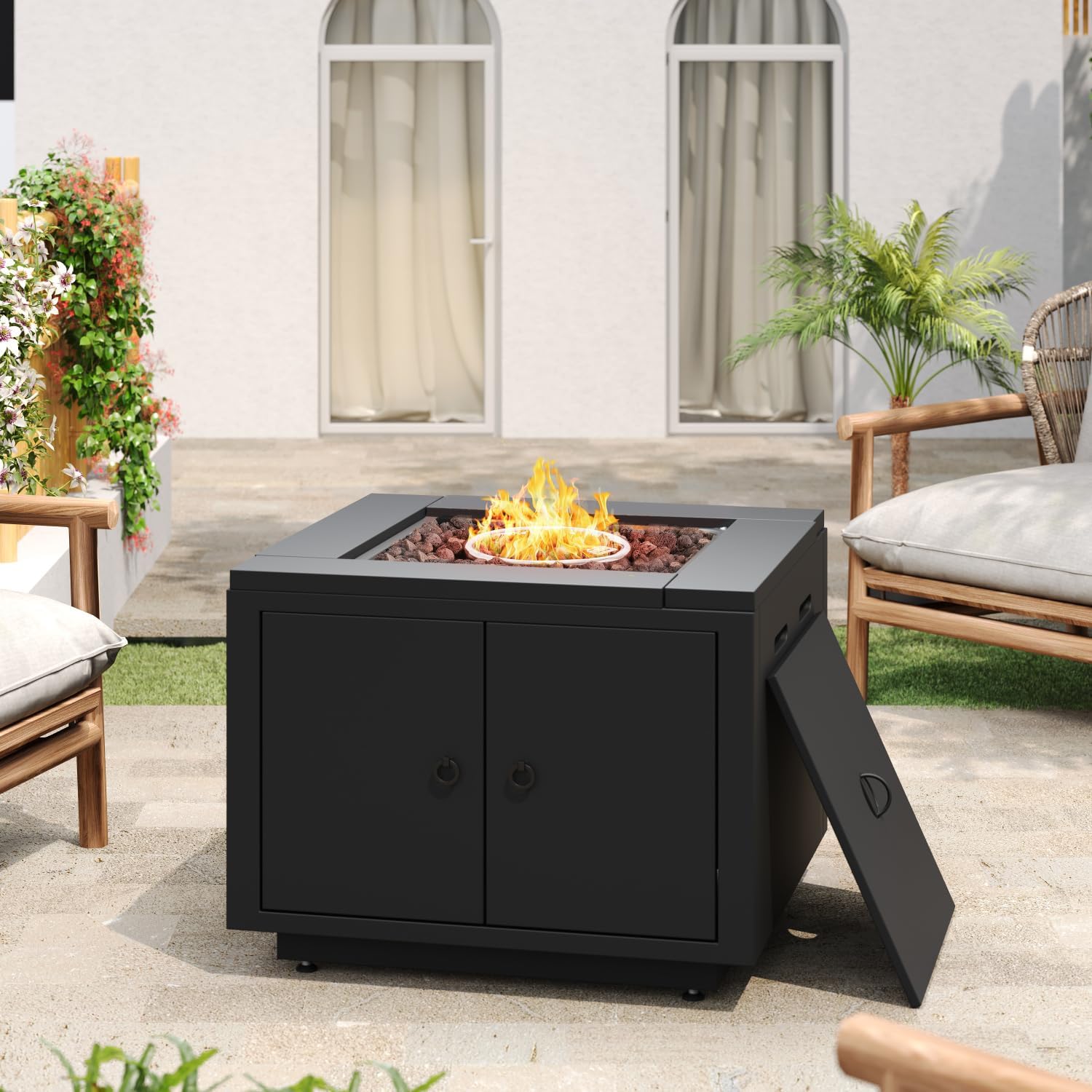 30inch Square Steel Fire Pit Table Iron Black 40000BTU Heat Output Patio Deck Outdoor Sitting Area Cozy Atmosphere