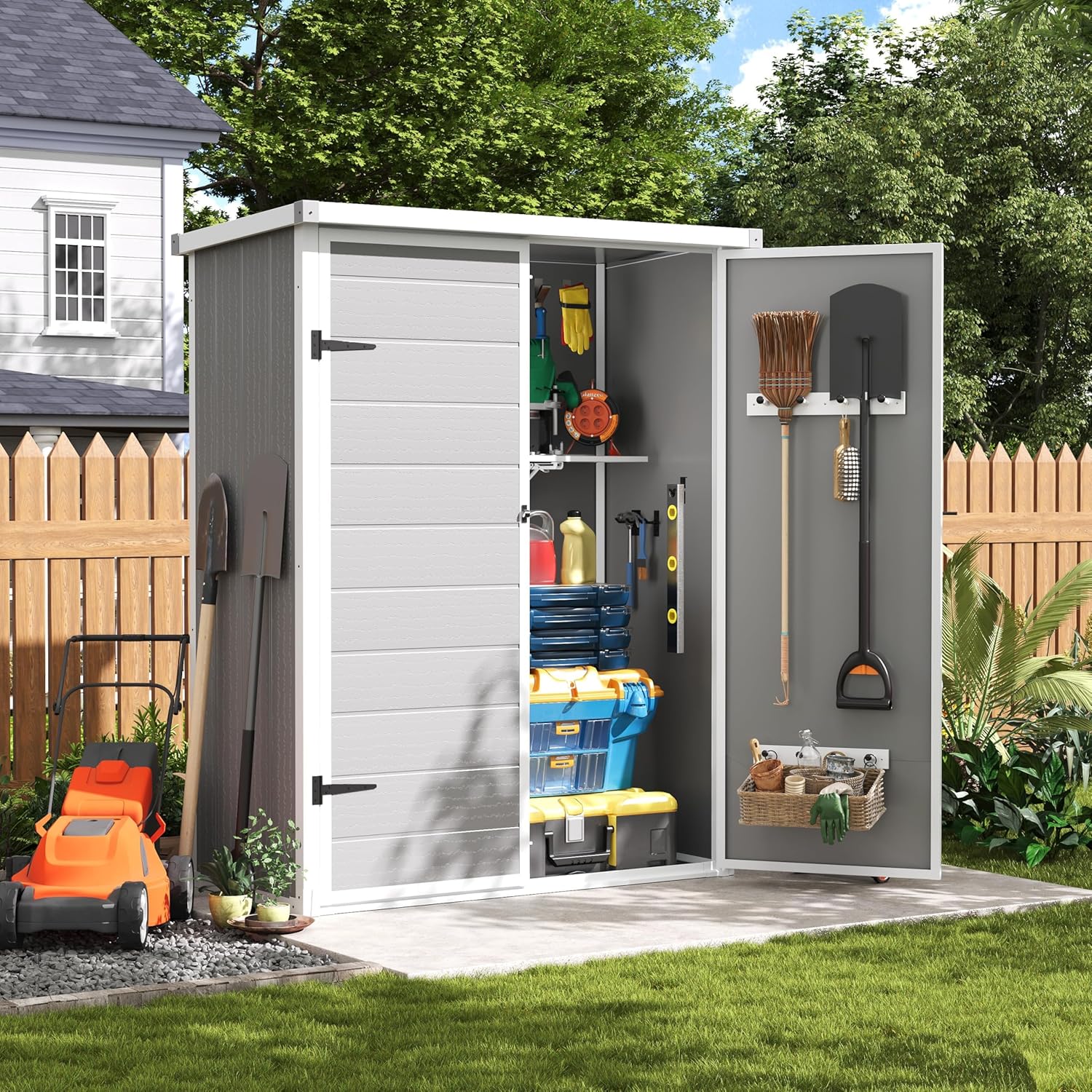 Amopatio 47 Cu.ft Vertical Storage Shed, Outdoor Resin Shed with Floor, Waterproof Plastic Cabinet with Shelves, Lockable Doors for Patio, Garden, Lawn (4.3 ft x 5.6 ft)