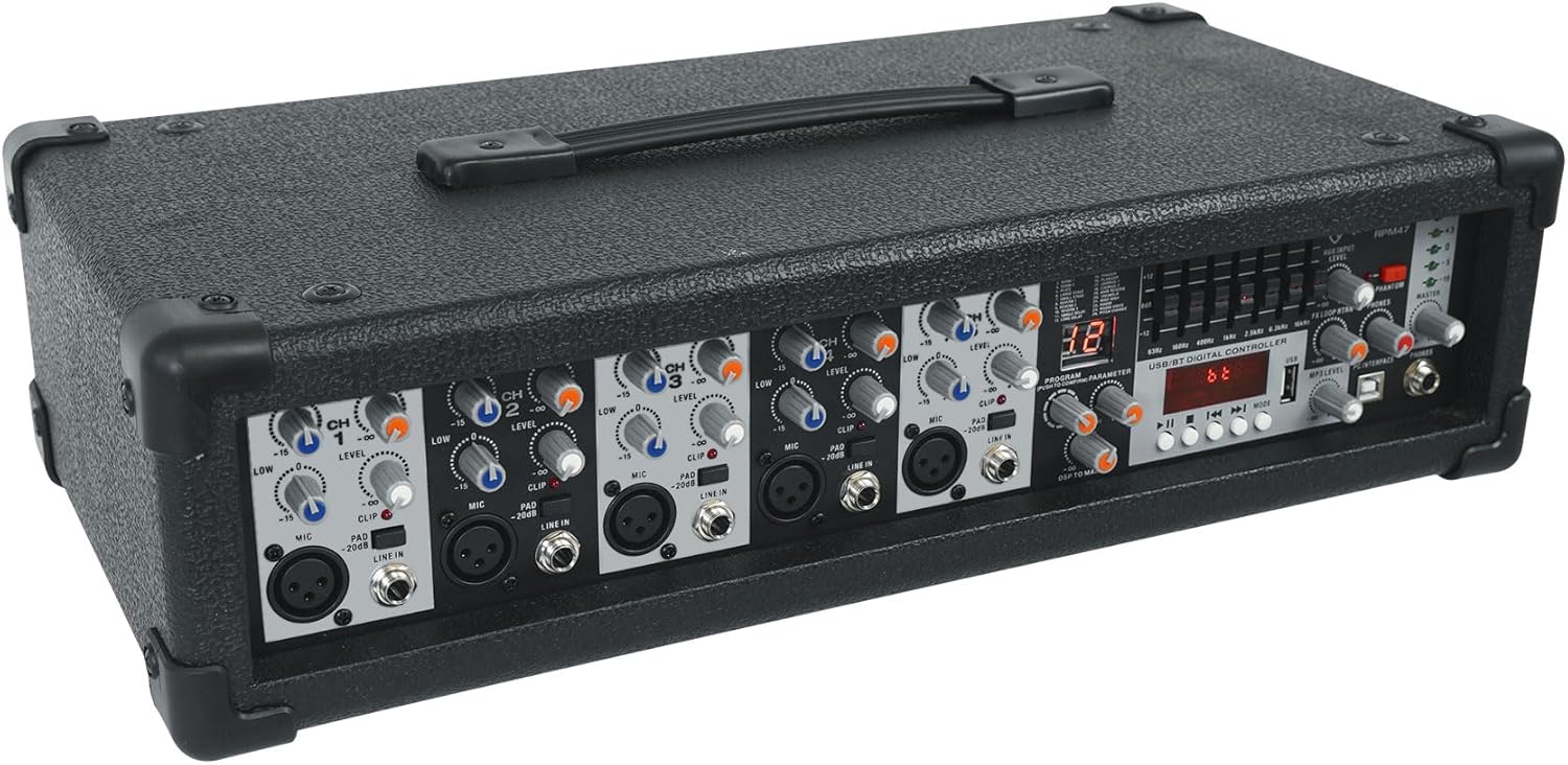 Rockville RPM47 1800w Powered 5 Channel Mixer Amplifier, 8 Ohm, Bluetooth, USB Interface, Digital Effects, 7-Band EQ, for Live Bands and Church Audio