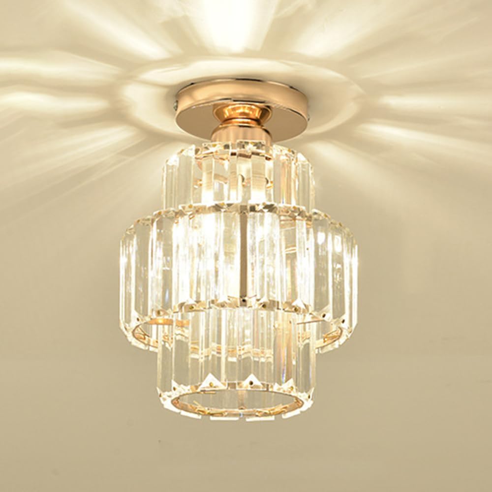 Crystal Close to Ceiling Light Modern Small Chandelier Gold Metal Semi Flush Mount Ceiling Lamp Nordic E27 Ceiling Lights for Bedroom Entryway Hallway Lighting Fixture