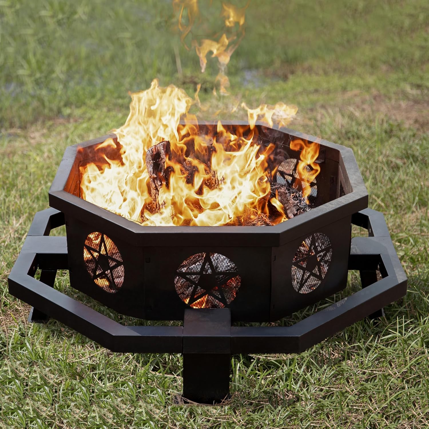 43 Inch Octagonal Fire Pit with Cooking Grill,Outdoor Wood Burning Fire Pit for Camping Outside Picnic Bonfire,Heavy Duty Firepit for Backyard Garden Patio