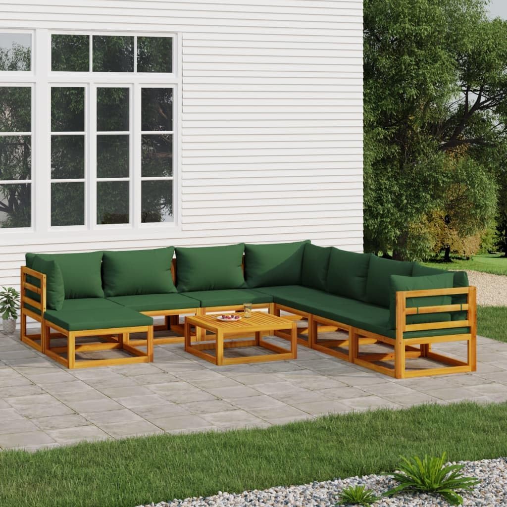 Furniture Sets 9 Piece Patio Lounge Set with Green Cushions Solid Wood,Elegant Wooden Patio Lounge Set for Comfortable Outdoor Relaxation Garden Conversation Sets