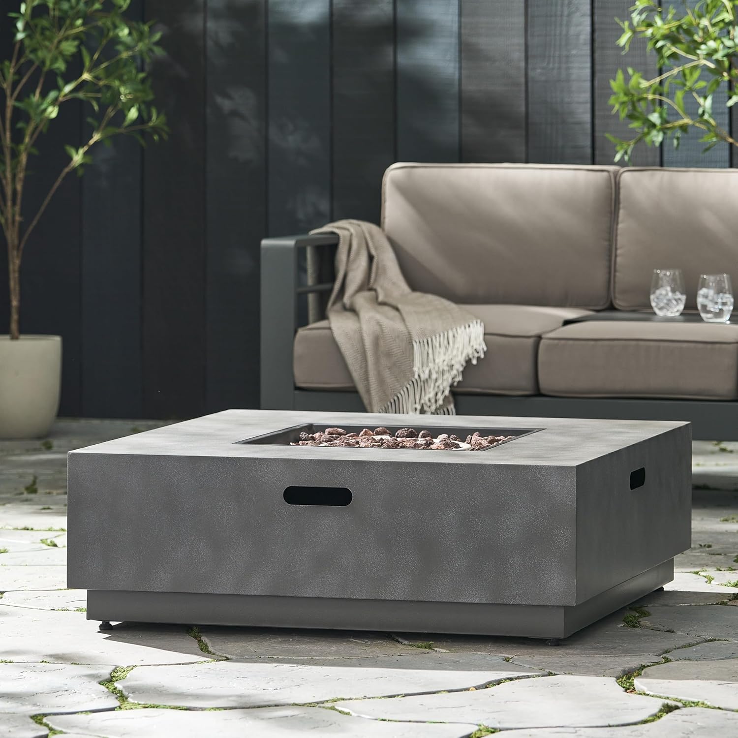 Square Fire Pit 50,000 Btu, Stone Gray – Outdoor Propane Gas Fire Pit with Lava Rocks, Durable Steel Construction, Easy Ignition, Patio, Backyard, Deck (1 Doors)