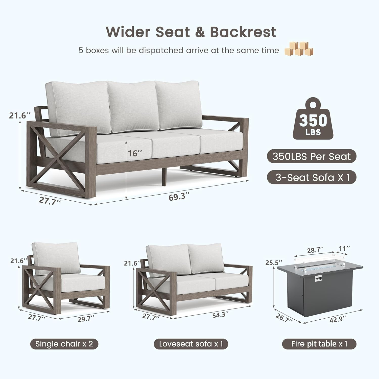 UDPATIO 5 Piece Aluminum Patio Furniture Set with Fire Pit Table, Faux Wood Patio Conversation Set with 6