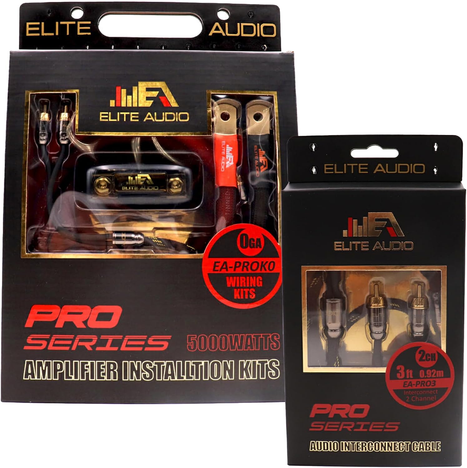 Elite Audio EA-PROK0 + EA-PRO3 Pro Series Amplifier Wiring Kit Bundle with 2-Channel RCA Combo - 5000W Max Power, 0GA Cables, Dual RCA Sets, ANL Fuse and Holder