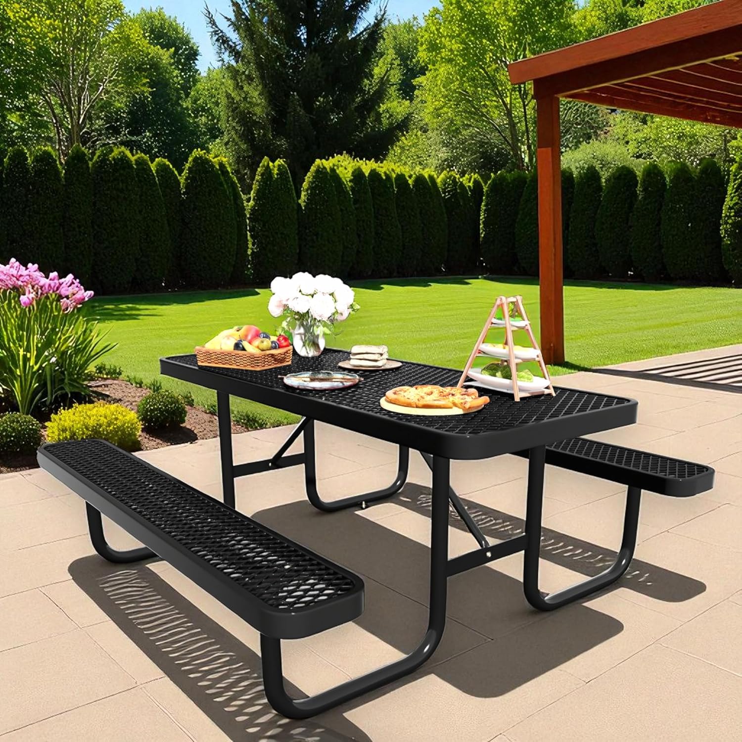 6FT Steel Metal Picnic Table with Benches, Rectangular Lifetime Picnic Table, Outdoor Furniture Heavy Duty Sturdy Commercial Picnic Tables for Patio Garden Courtyard BBQ Shopping Centers
