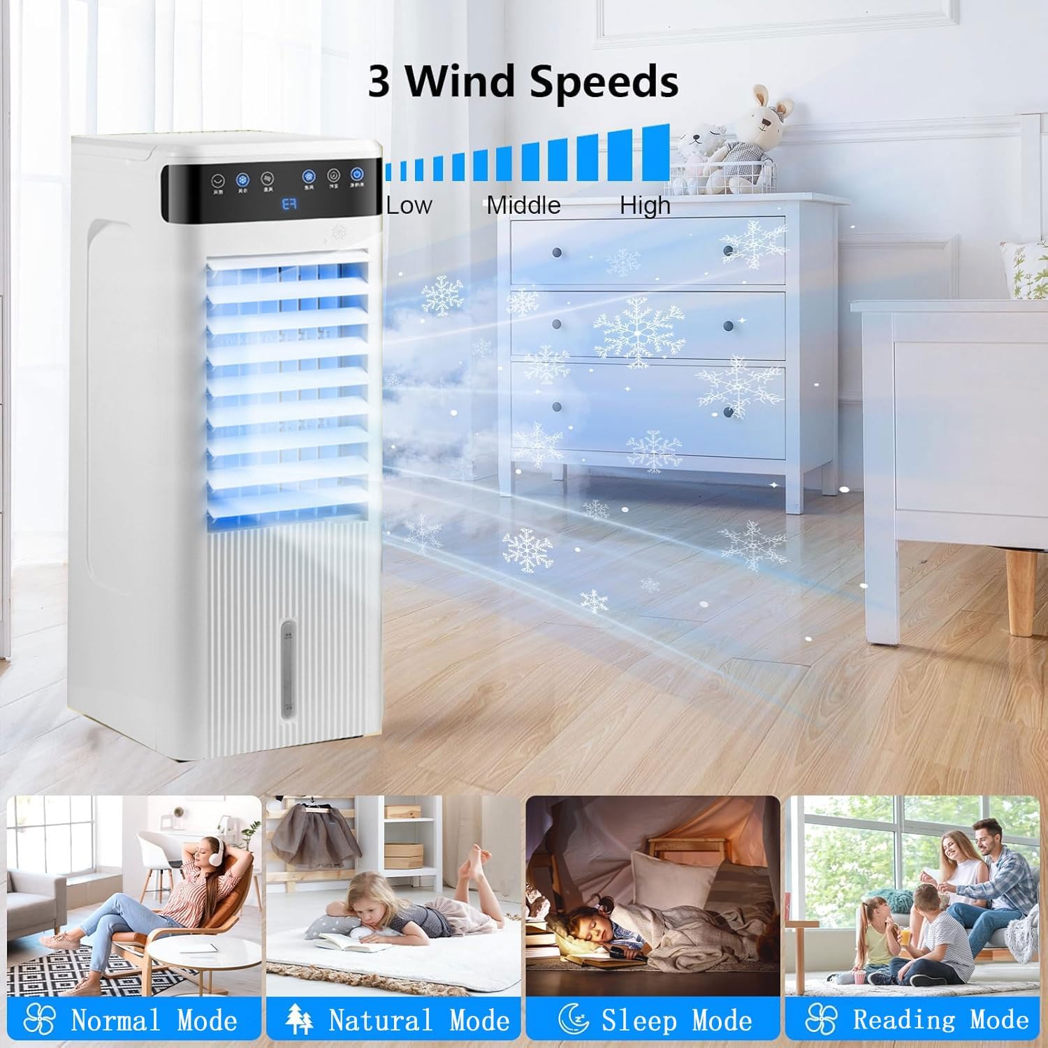 Portable Air Conditioners Cooling Fan with Drainage-Free Cooling 3 Speed Larger Tank 46dB Quiet 12h Timer Air Cooler with Ice Box Cooling AC Unit for Room Office Camping