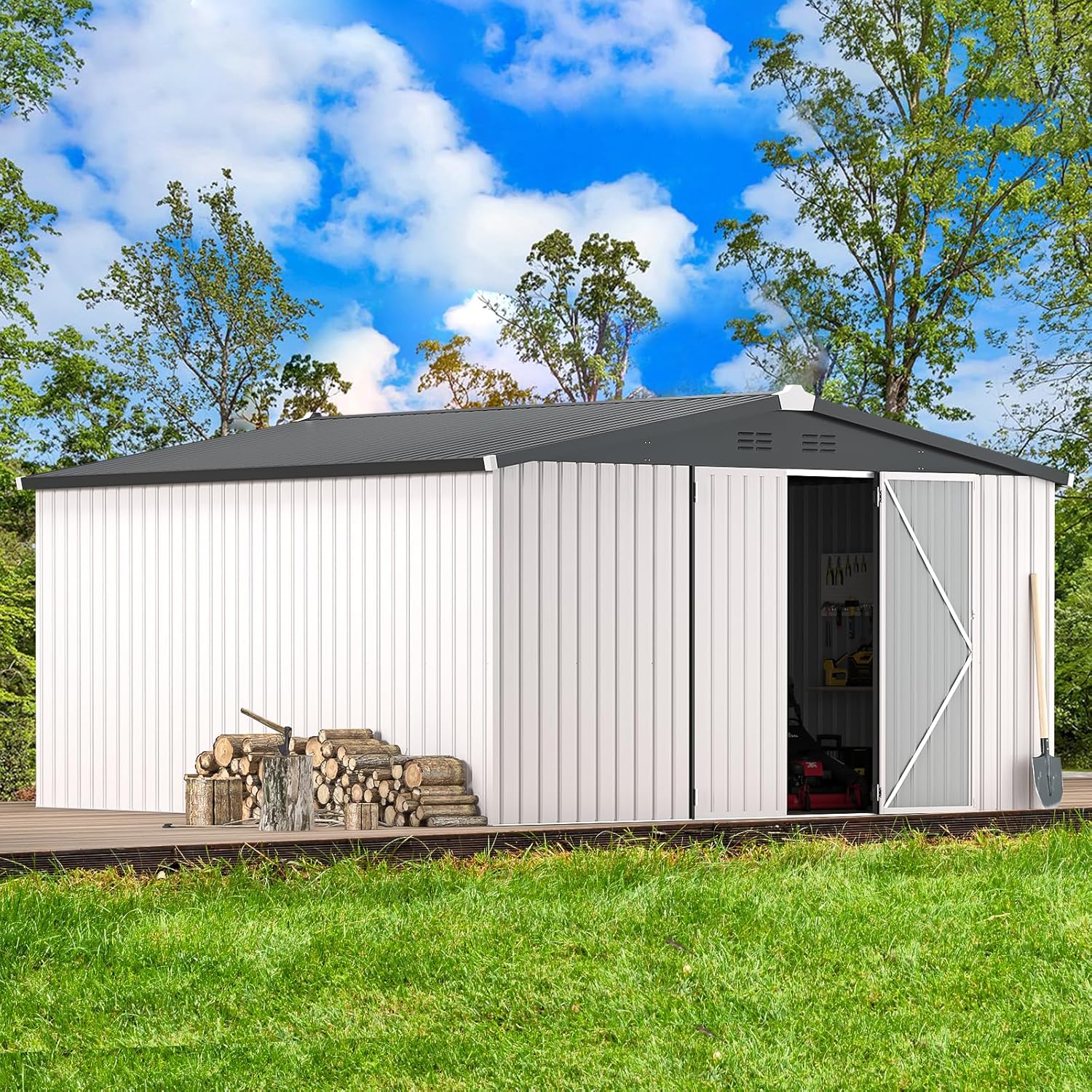 AECOJOY 12' x 12' Outdoor Storage Shed, Large Metal Sheds & Outdoor Storage Clearance Steel Yard Shed with Lockable Doors, Utility and Tool Storage Garden Shed for Backyard, Patio and Outside