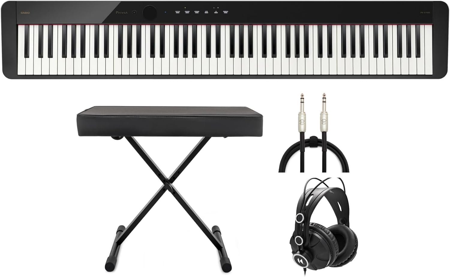 Casio Privia 88-Key Digital Piano with Casio CS68 Stand, Class-Compliant USB Port (Black) Bundle with Adjustable X-Style Keyboard Bench, Studio Monitor Headphones, and TRS Cable (6-Feet) (4 Items)