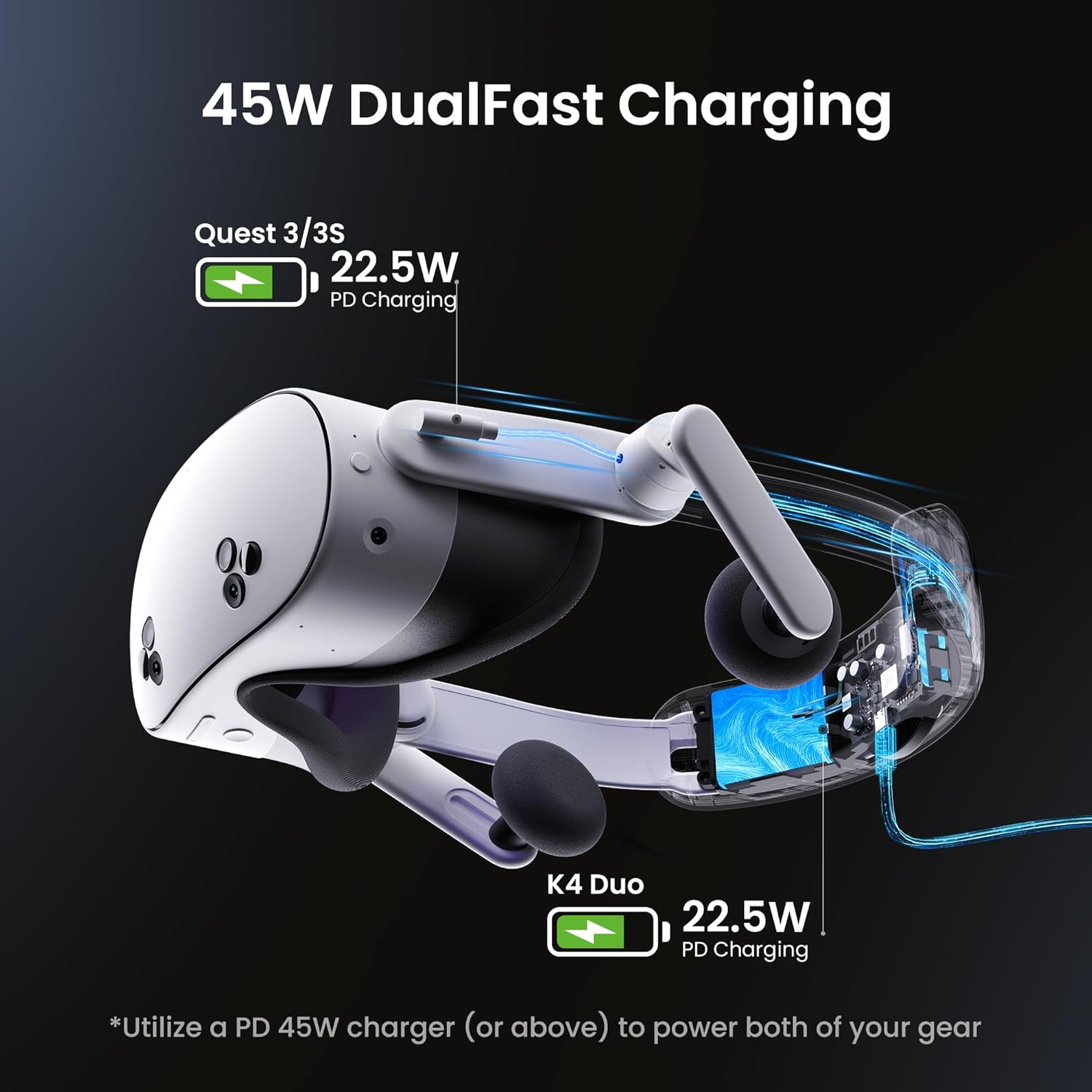 KIWI design Audio Head Strap with Battery for Meta/Oculus Quest 3/3S, K4 Duo DualFast Charging Headset, VR Accessories with Balanced Design for Enhanced Sound Effects & Playtime