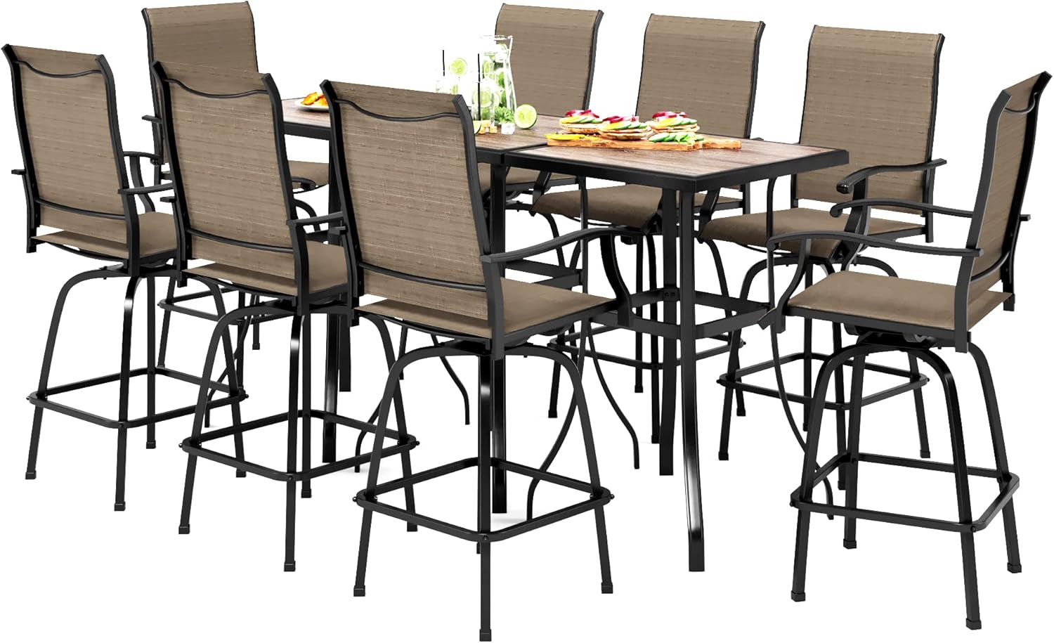 PHI VILLA Outdoor Patio Swivel Bar Set of 11, Textilene Bar Height Chair with Armrest and Wood Like Bar Table, All-Weather Furniture Set for Garden Lawn