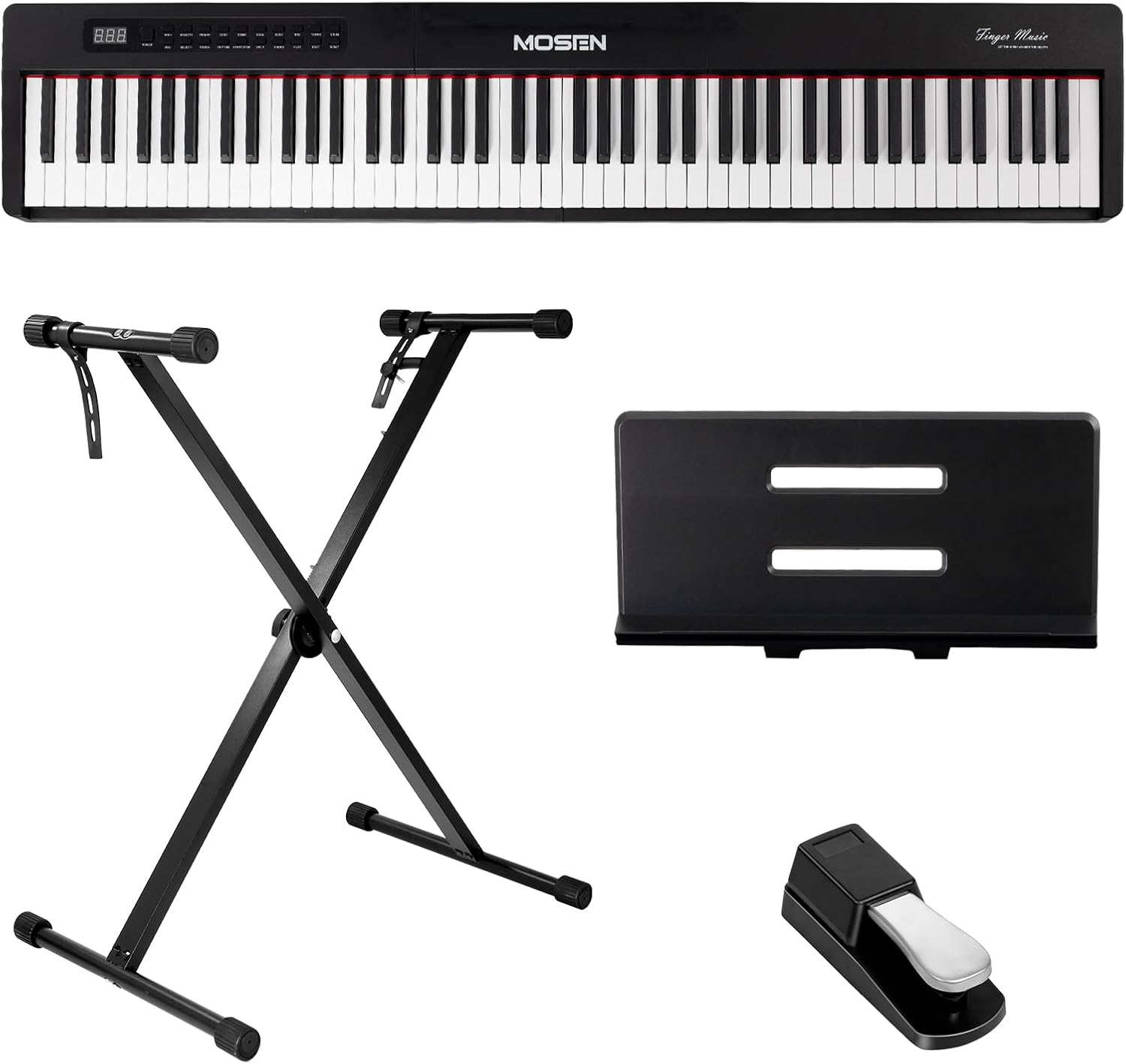 MOSEN 88-key digital piano keyboard with semi-weighted keys, double keyboard, LED display, 380 tones, 128 rhythms, 88 demo songs, Piano Lessons, keyboard stand and sustain pedal.(MSP-45BK)-Black
