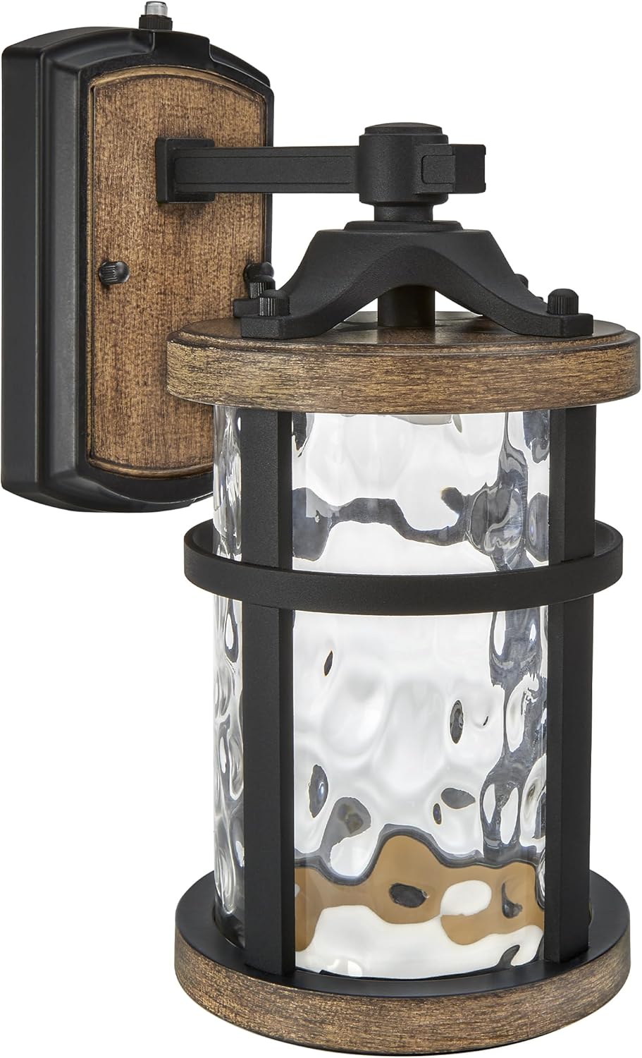 Maxxima LED Outdoor Wall Light, Black w/Wood Grain Style Finish, Clear Hammered Glass, 800 Lumens, 3000K Warm White, Dusk to Dawn Sensor, Farmhouse Wall Mount Sconce, Rustic Coach Lantern