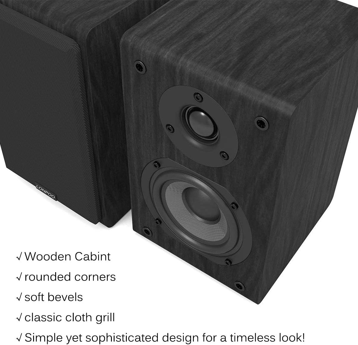 LONPOO Passive Bookshelf Speakers, 75W x 2 Classic Wooden Near Field Monitors with 4-Inch Carbon Fiber Woofer &1-Inch Silk Domed Tweeter 2-Way Loudspeakers,Amplifier Required (Not Inlcuded)