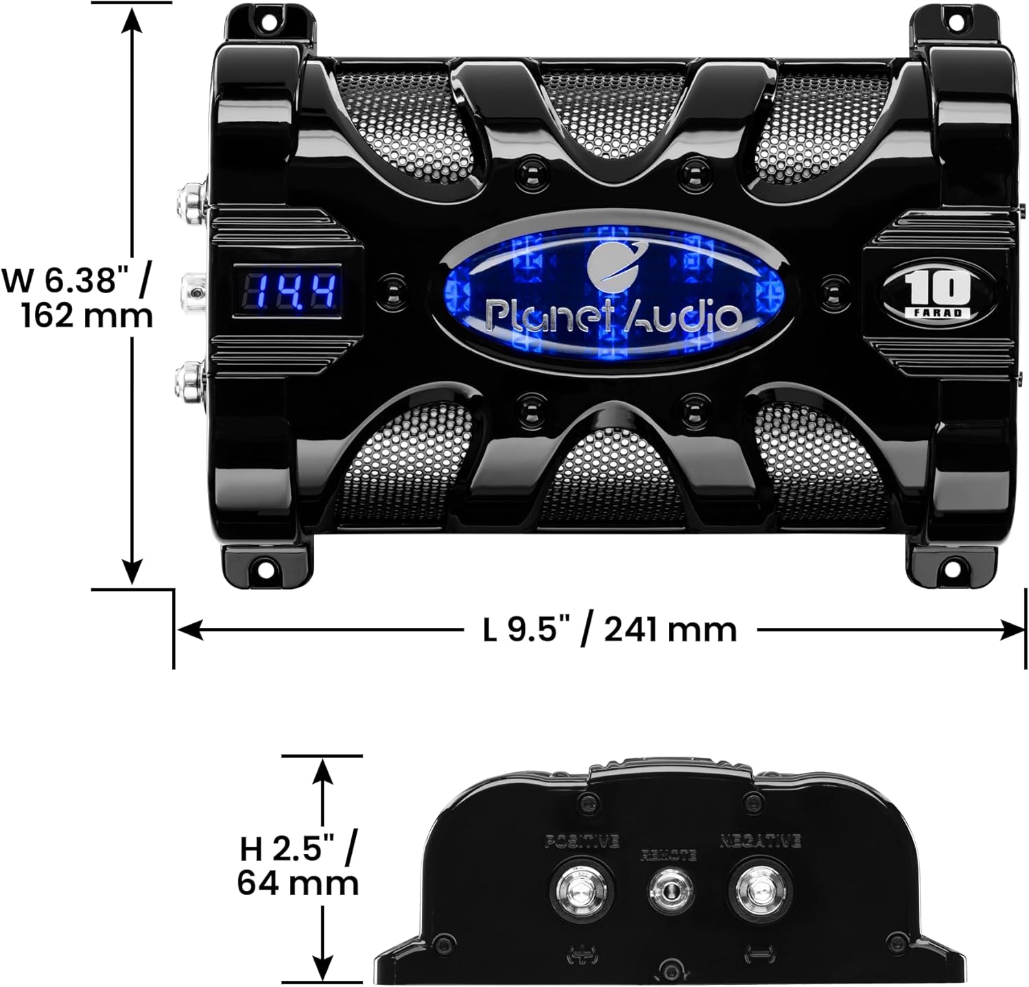 Planet Audio PC10F Car Capacitor - 10 Farad, Energy Storage, Enhance Bass from Stereo, Warning Tones, LED Voltage Meter