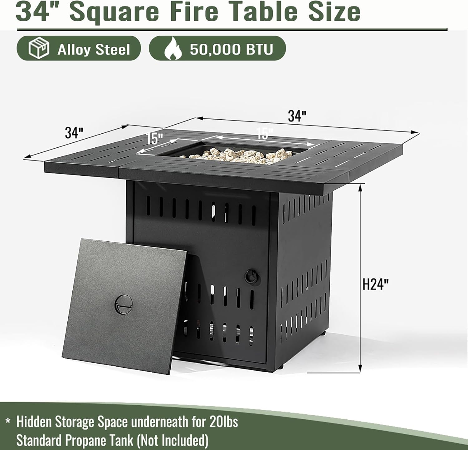 34 Inch Propane Fire Pit Table, 50000 BTU Rectangular Steel Fire Table with Removable Top, Steel Lid & Lava Rocks, Deck Safe for Outdoor Patio Garden Use (Black)