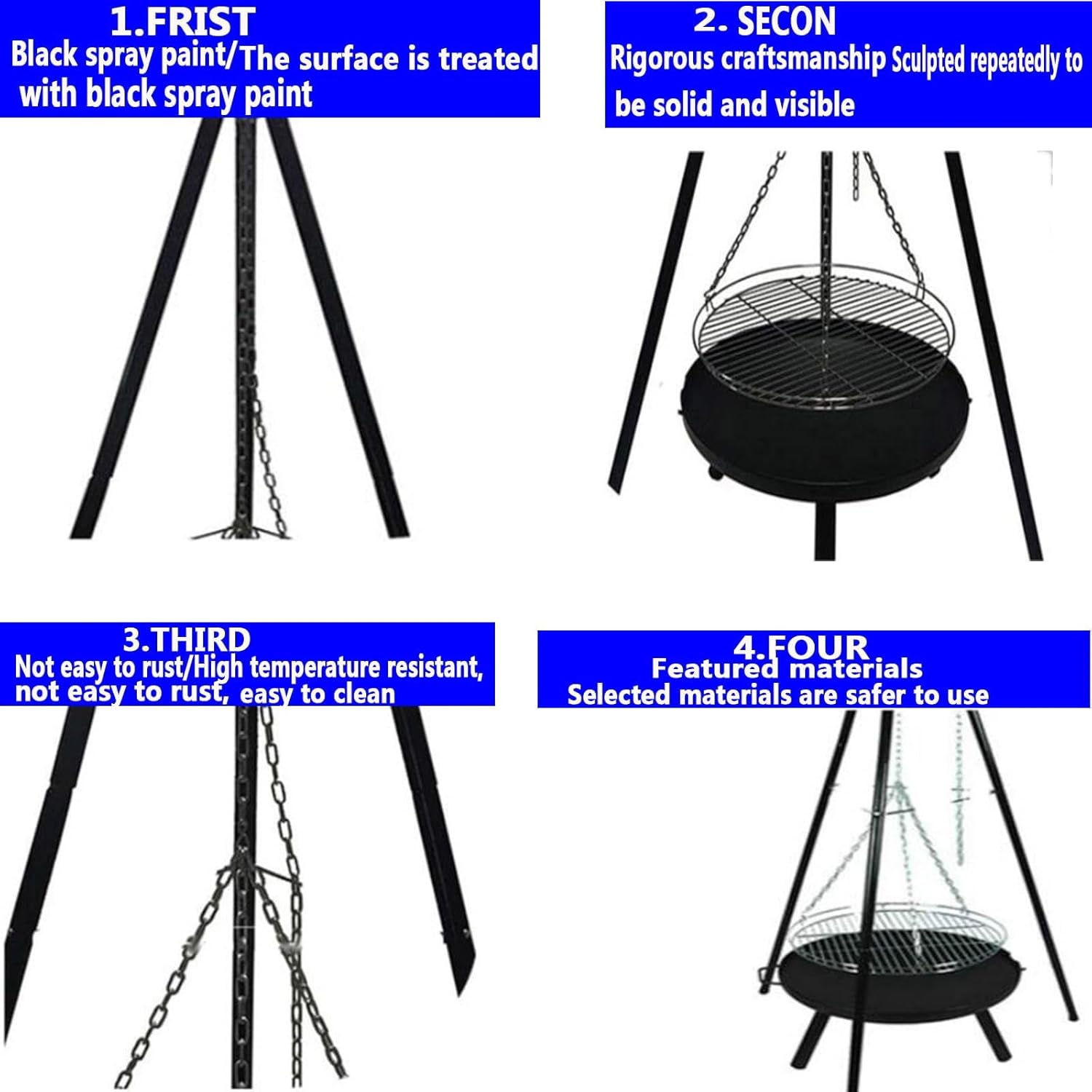 Outdoor Height-Adjustable Hanging Tripod Campfire Cooking Equipment,Portable Camping Campfire Grill,Heavy Duty Firepit Grill,for Outdoor Cookin