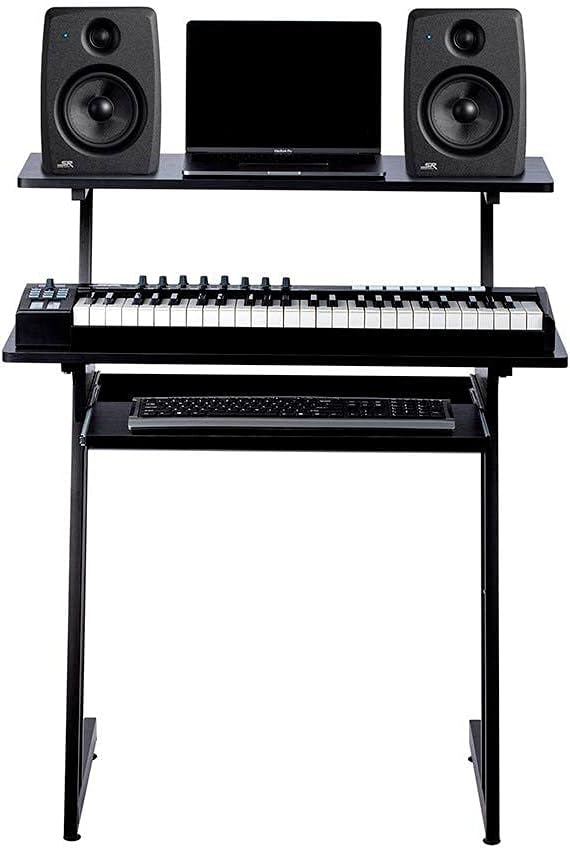 Monoprice Recording Studio Desk - with Raised Platform and Keyboard Tray, Black - Stage Right