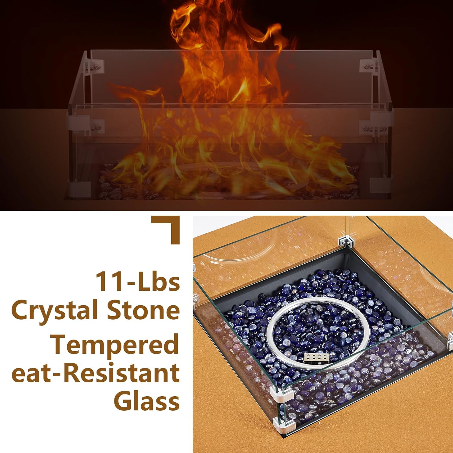 36 Inch Outdoor Propane Fire Pit Table, Gas Patio Heater with Thermostat, Iron Yellow Leather Fire Pit with Crystal Stones, Wind Shield, Cover & Handles