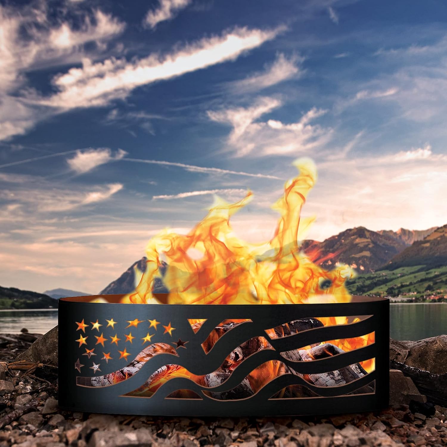 PD Metals AF01237-FP American Flag Unpainted 12 in. Tall 37 in. Diameter Outdoor Fire Ring with Fire Poker - 37 x 37 x 12 in. - Rustic Black Color