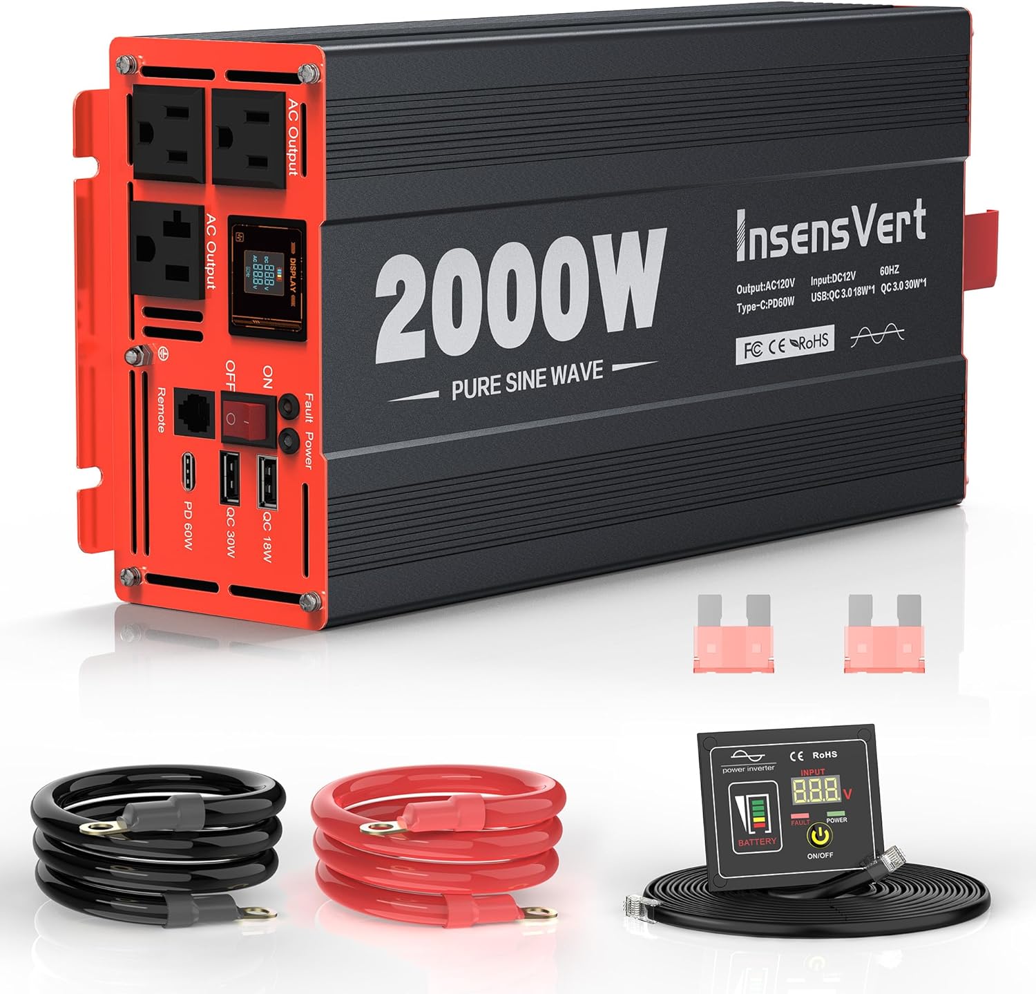 2000W Pure Sine Wave Inverter, Car Power Inverter 12V to 120V AC Converter for RV, Truck, Solar, Outdoor with Dual AC and 20A Socket, 18W+30W USB, PD60W, Surge 4000W, Remote Control(2000W-12V)