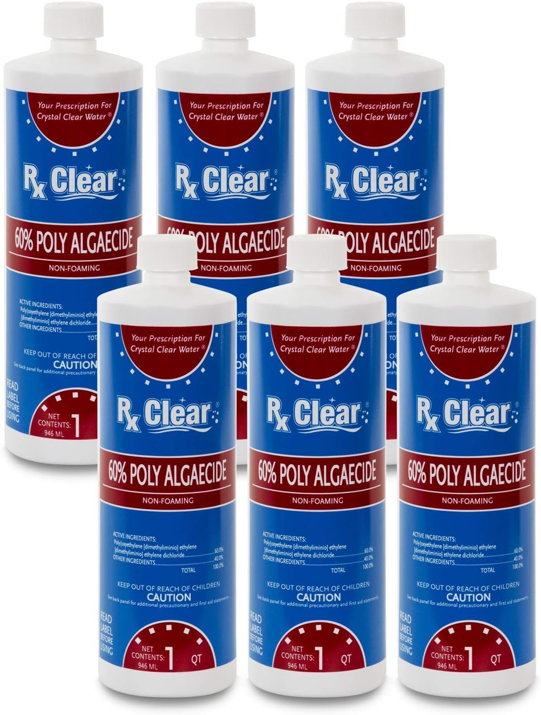 Rx Clear Algaecide 60 Plus | Non-Foaming Formula for Above Or In-Ground Swimming Pools | 60 Percent Poly-Algaecide | Keeping Algae in Suspension | One Quart Bottles | 6 Pack