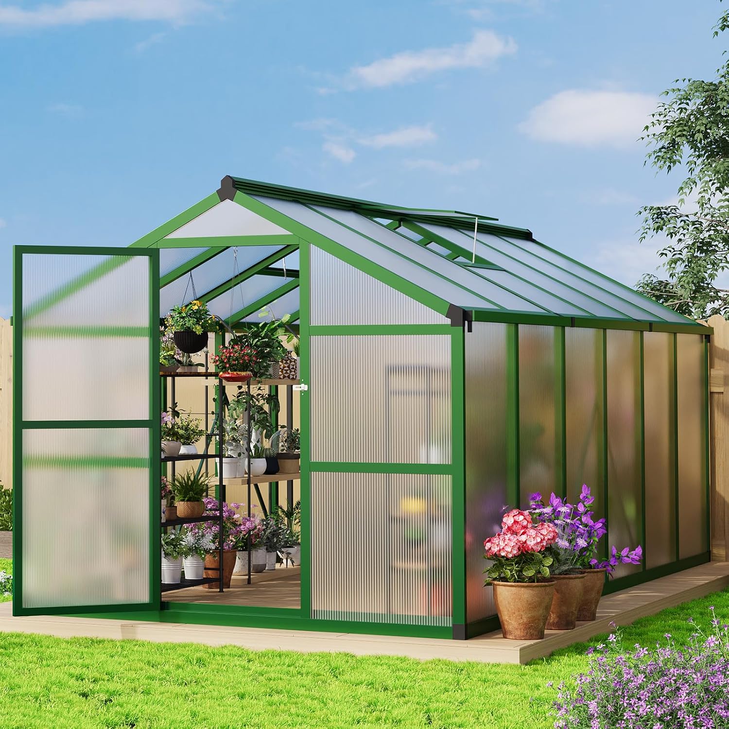 8 x 12 FT Greenhouse, Heavy-Duty Polycarbonate Large Walk-in Greenhouse Roof Vent ,Aluminum Frame & Lockable Door, for Backyard, Green Houses for Outside Garden Backyard
