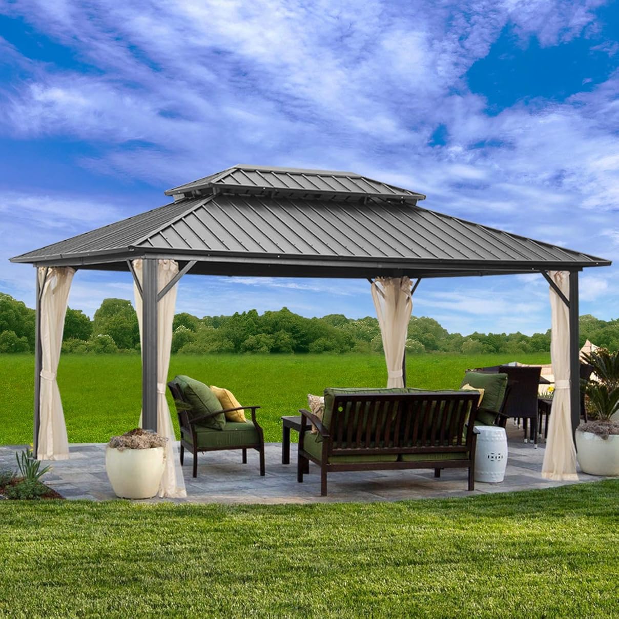 Outdoor Patio Hardtop Gazebo with Netting,Galvanized Steel Double Roof Canopy Gazebo,Aluminum Frame for Patio,Garden,Backyard,Lawn and Deck,Black (12'x16'with net)