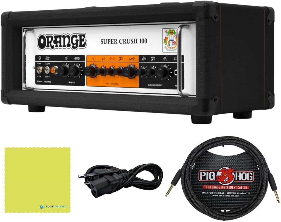 Orange Super Crush 100 W Solid-State Amp Head, Black Bundle with Pig Hog PCH10BK 10ft Black Woven Instrument Cable, Power Cable & Liquid Audio Polishing Cloth