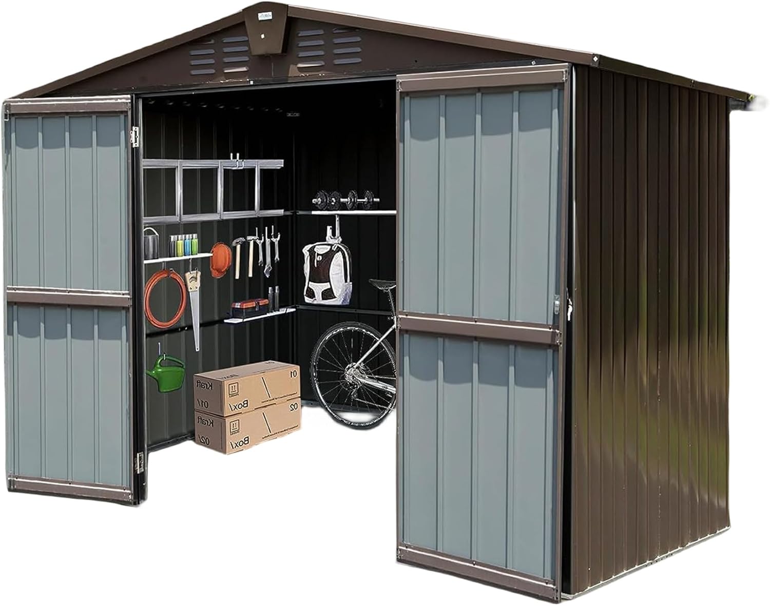 Outdoor Storage Shed 10 x 8 FT, Metal Tool Sheds Storage House with Lockable Double Door & Air Vents, Large Bike Shed for Garden Backyard Lawn, Brown