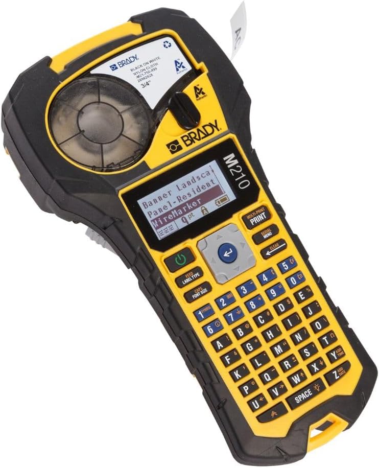 Brady M210 Printer Accessory Power Kit Li-Ion Battery Pack & M210 Portable Label Printer with Rubber Bumpers & Authentic (M21-750-595-WT) All-Weather Vinyl Label