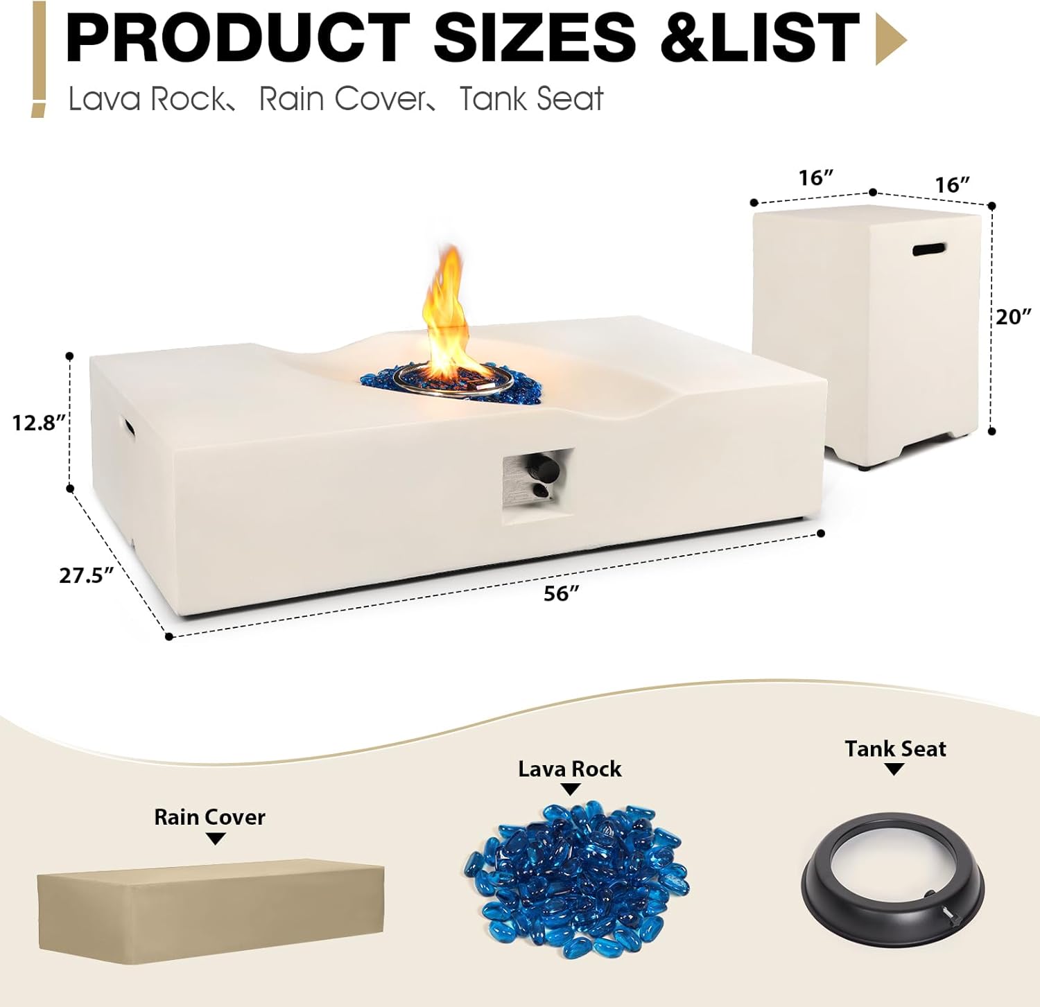 56-inch Outdoor Propane Gas Fire Pit Table Set - 2-Piece 50000 BTU Concrete Rectangular Firepits with Tank Cover, Fire Glass, Rain Cover, White Fire Table for Outside Patio, Garden Party