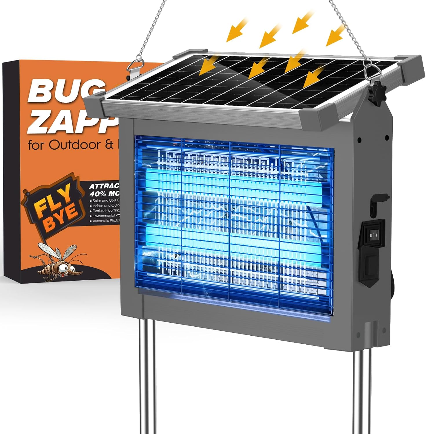 Solar Bug Zapper Outdoor, Jinyeda 4500V Mosquito Zapper Rechargeable, Cordless Electric Mosquito Killer, Waterproof Fly Insect Zapper Portable for Indoor Camping Garden Patio