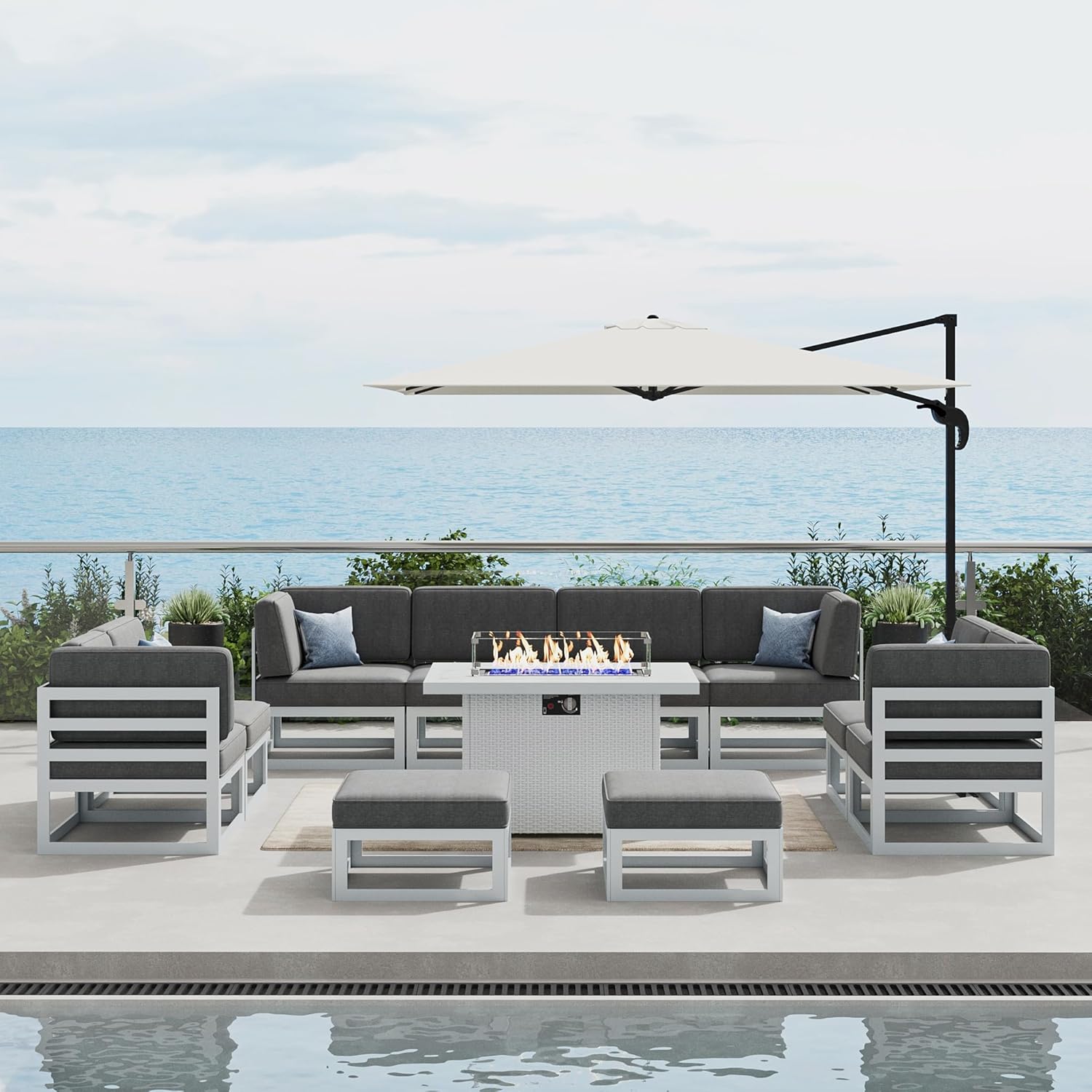 LayinSun 11 Pieces Modern Aluminum Patio Furniture Set with Fire Table, Outdoor Modular Sectional Conversation Set L-Shaped Sofa for Backyard