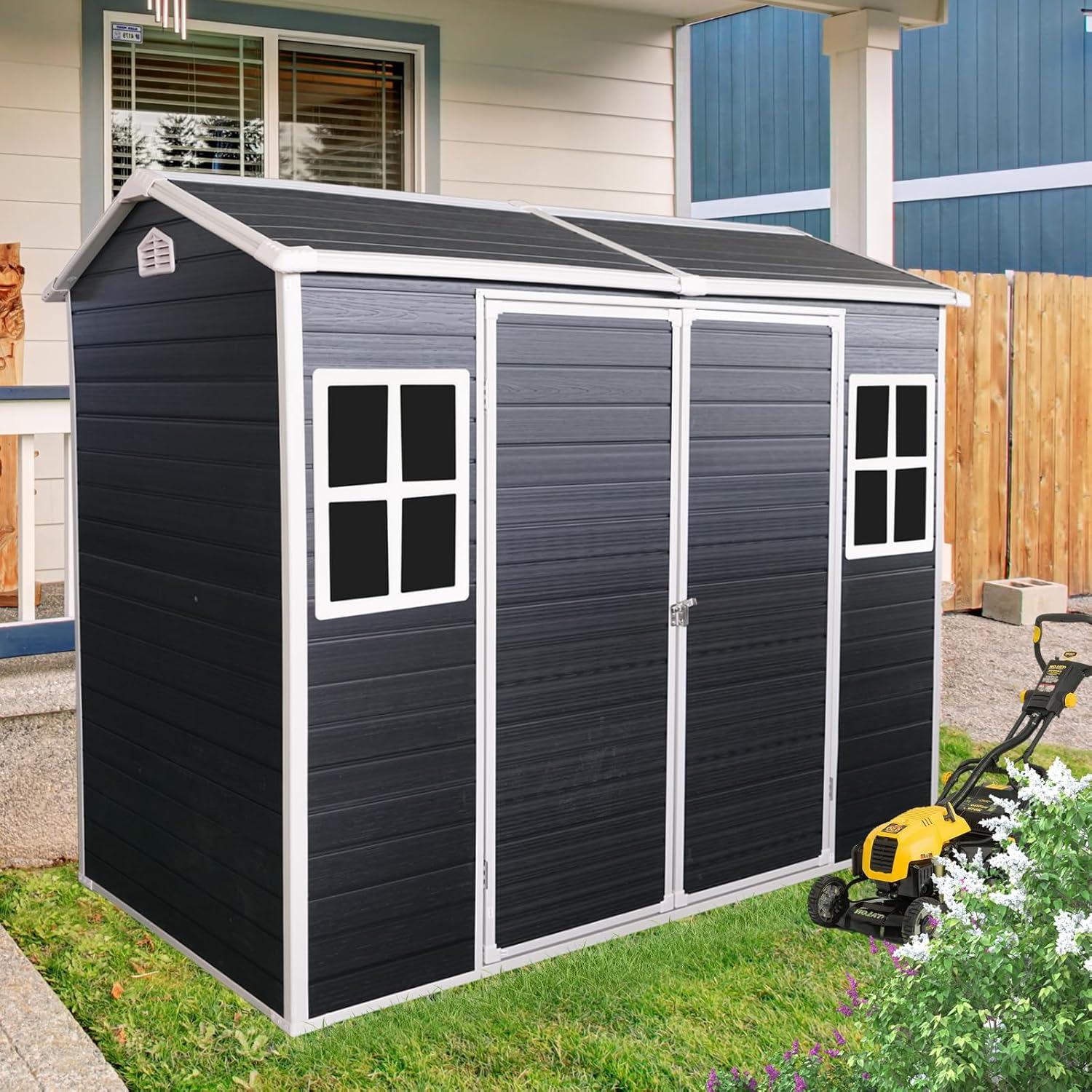 8 x 4 FT Outdoor Storage Shed, Outdoor Resin Shed with Two-Window and Double-Door, Plastic with Floor for Gargen, Patio, Yard, Lawn (Black)