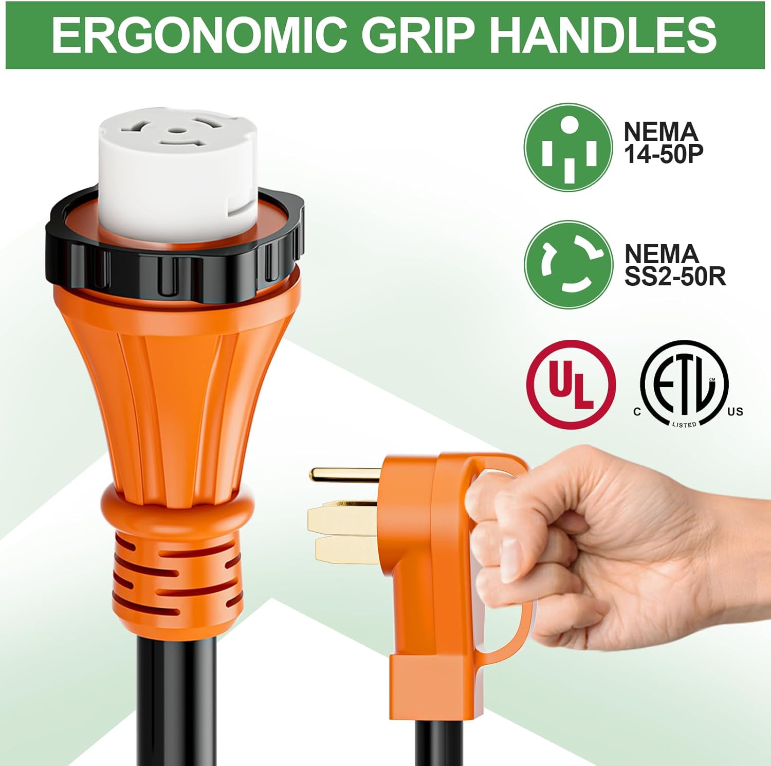 50 Amp Generator Extension Cord 15 Ft- Rated for 250V /12500W+50 Amp Generator Inlet Box with Green Safety Light