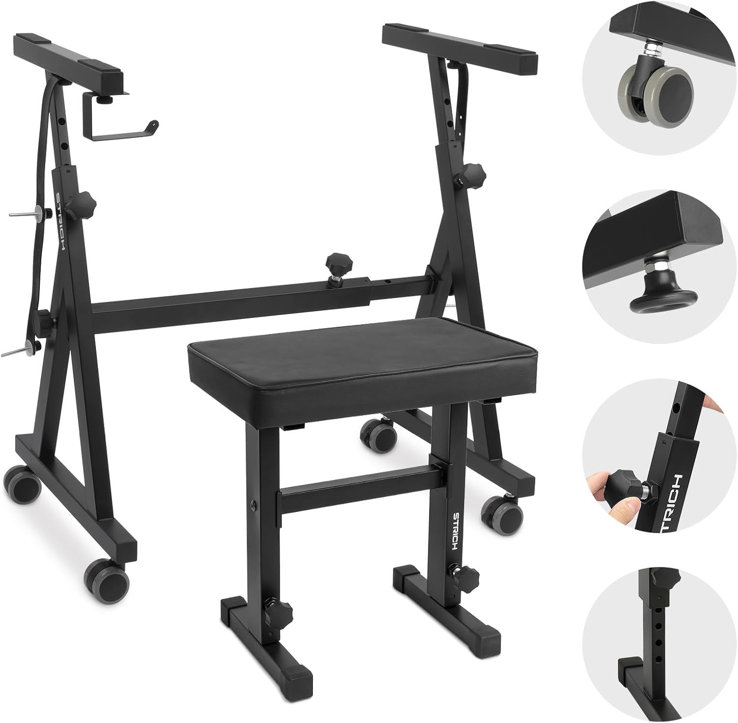STRICH Piano Keyboard Stand Stool Set, Portable Heavy Duty Stand for 54-88 Key Electric Digital Pianos & Adjustable Piano Bench, Chair, Black, SKT-02 & SPB-M50