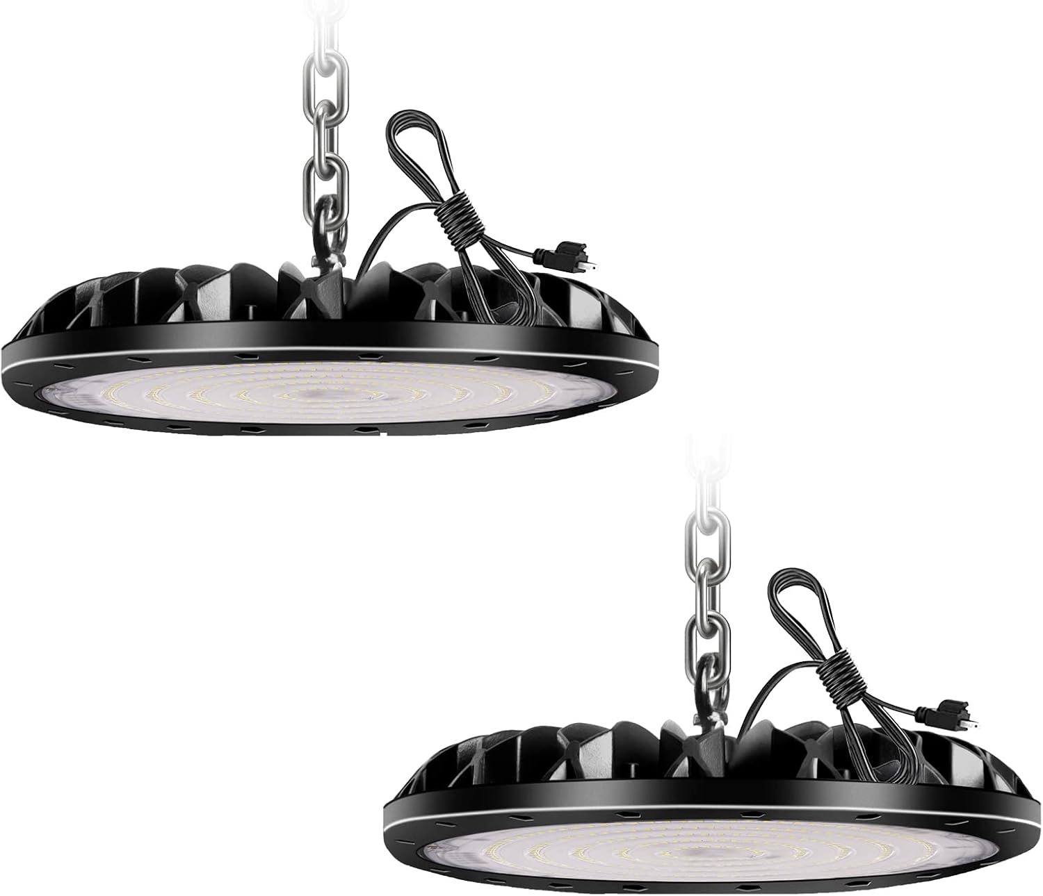 2 Pack LED High Bay Light 100W, 10000LM Bright UFO Shop Light with 4ft 110V Plug Cable, 6000K Bay Lighting IP65 Waterproof for Barn/Garage/Commercial Warehouse/Wet Location