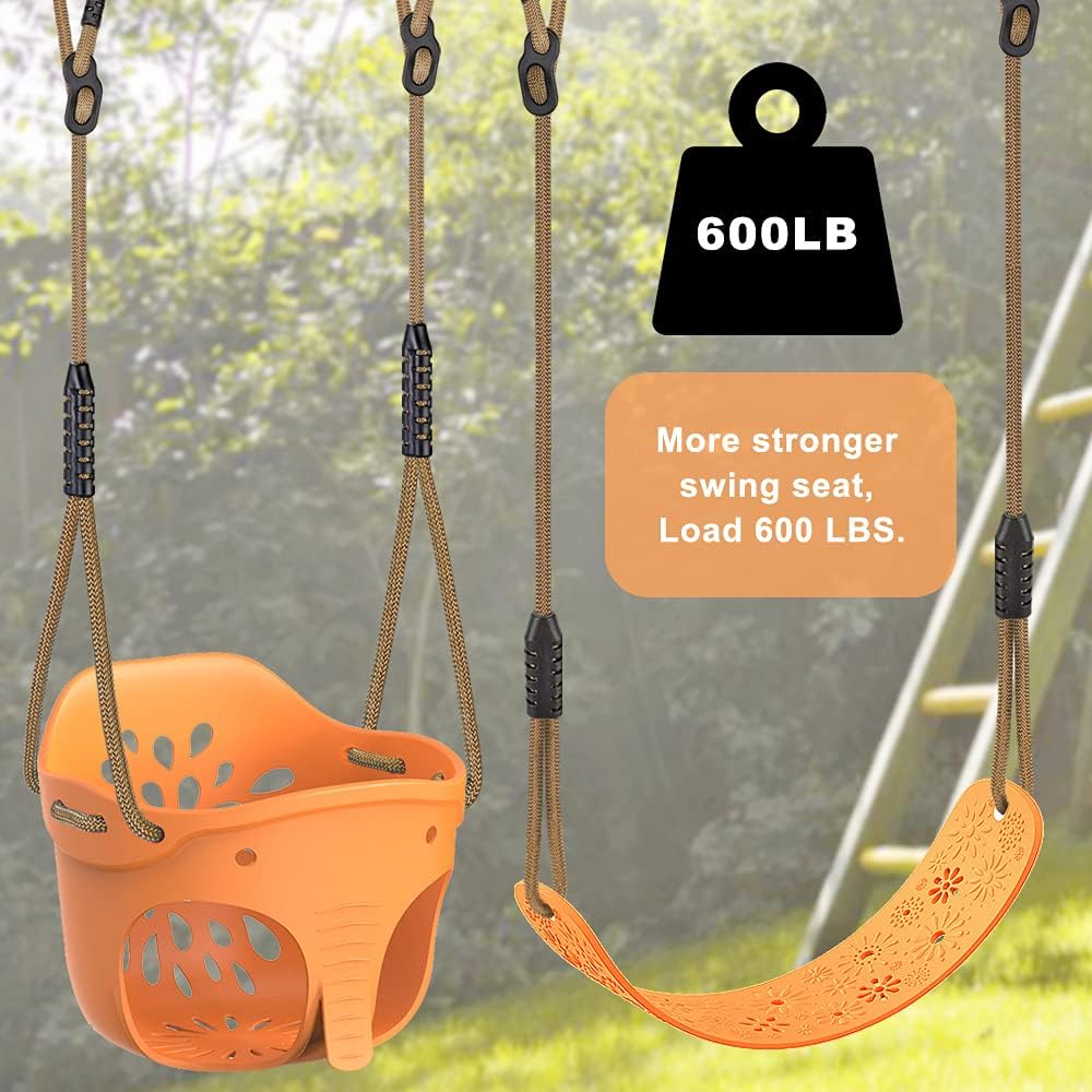 SELEWARE Toddler Swing Set Accessories, High Back Full Bucket Swing Seats with Adjustable Rope and 4 Locking Carabiners, Cute Elephant Shape Design 600LB Capacity (2 Pack)