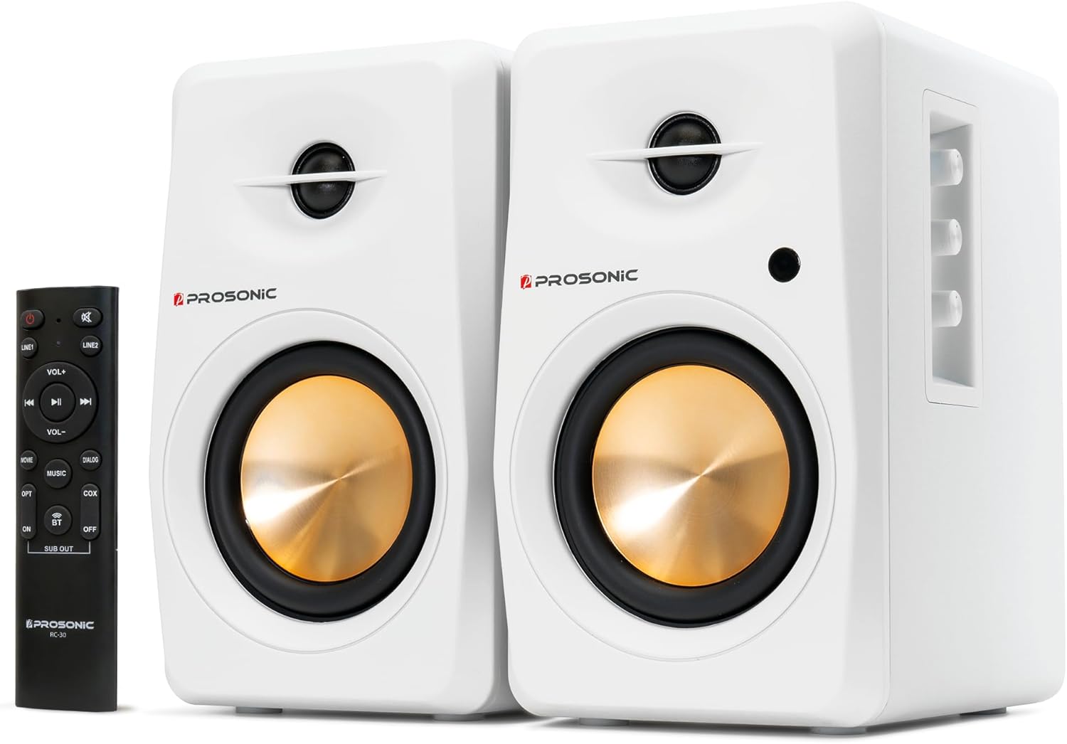 Prosonic BT30 Powered Bluetooth Bookshelf Speakers, Studio Monitor, Home Theater, Turntable, with Optical Input, Coaxial Input, Aux Inputs, 4
