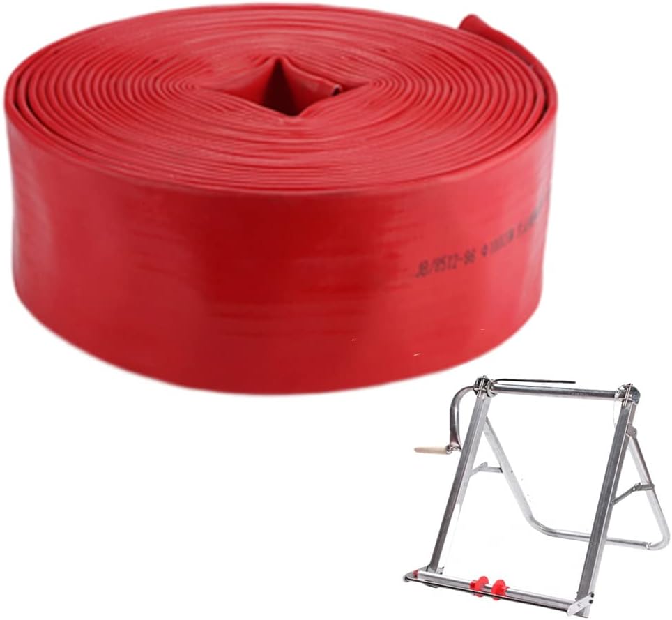 4Inch Heavy Duty Discharge Hose PVC Backwash Hose Reinforced Hose with Storage Rack,for Swimming Pools, Garden Irrigation,Red,30m/90ft