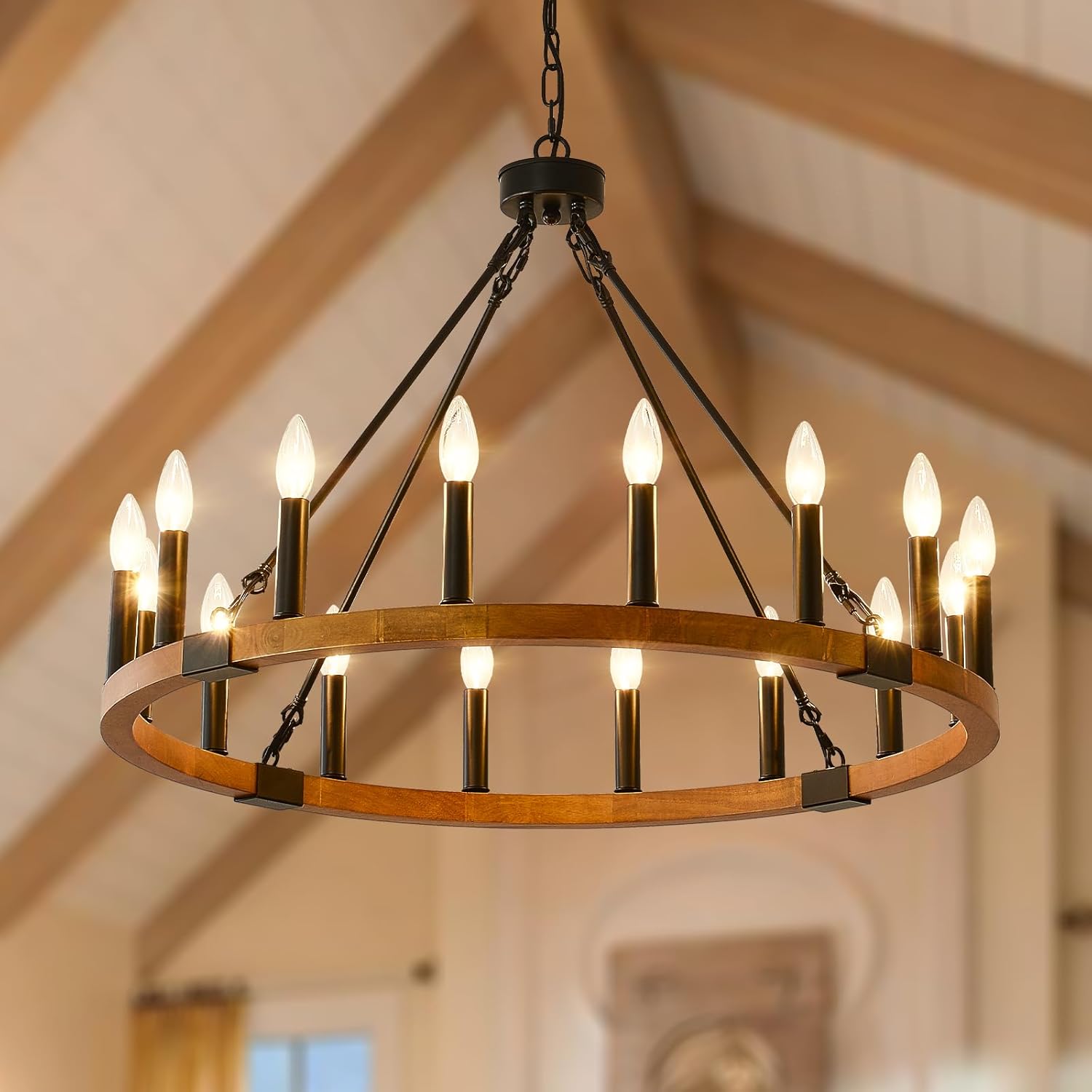 Solid Wood Wagon Wheel Chandelier 16-Light, 32'' Farmhouse Chandeliers for Dining Room, Rustic Chandelier for Foyer Living Room Entryway, E12