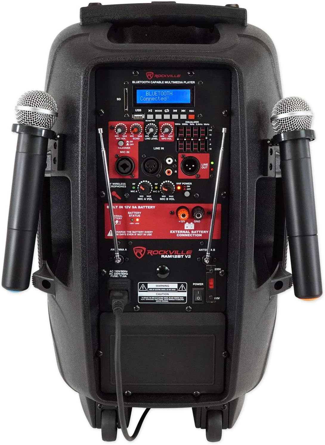 Rockville RAM12BT Bundle: 12-in Rechargeable Powered 600W Peak / 150W RMS DJ PA Speaker with Bluetooth and 2 Wireless Microphones, RVES05 Heavy Duty Tripod Pole-Mount Speaker Stand, 2-Items